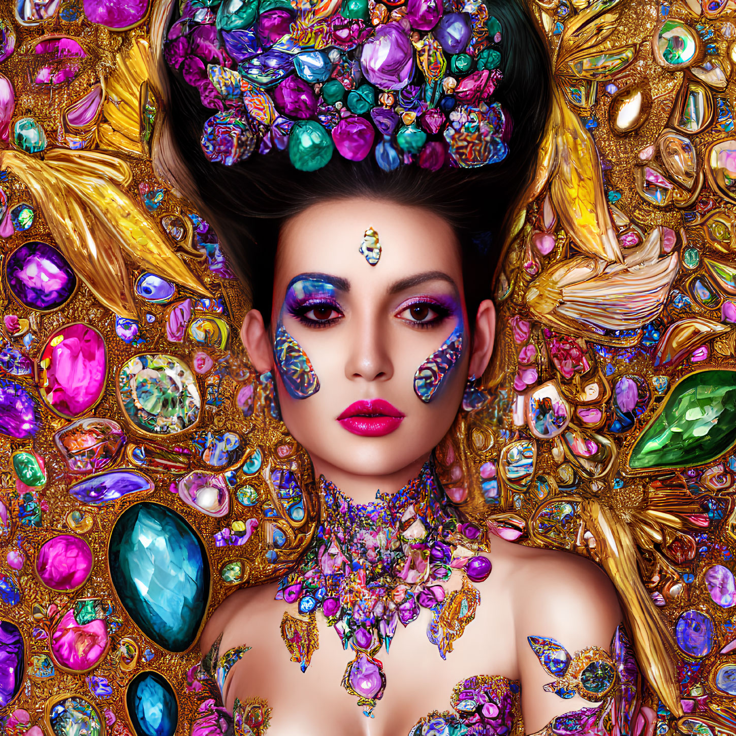 Vibrant gemstones and intricate jewelry on woman with bejeweled headdress