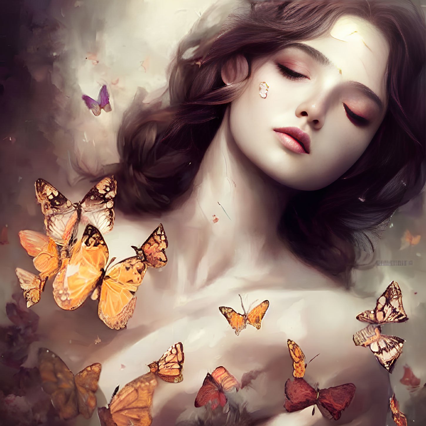 Illustration of woman with fluttering butterflies evoking dreamlike atmosphere