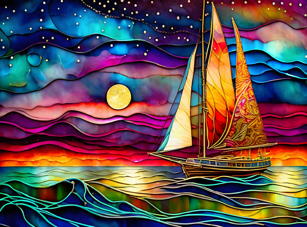 Colorful Stained Glass Style Sailing Boat Illustration in Starry Night