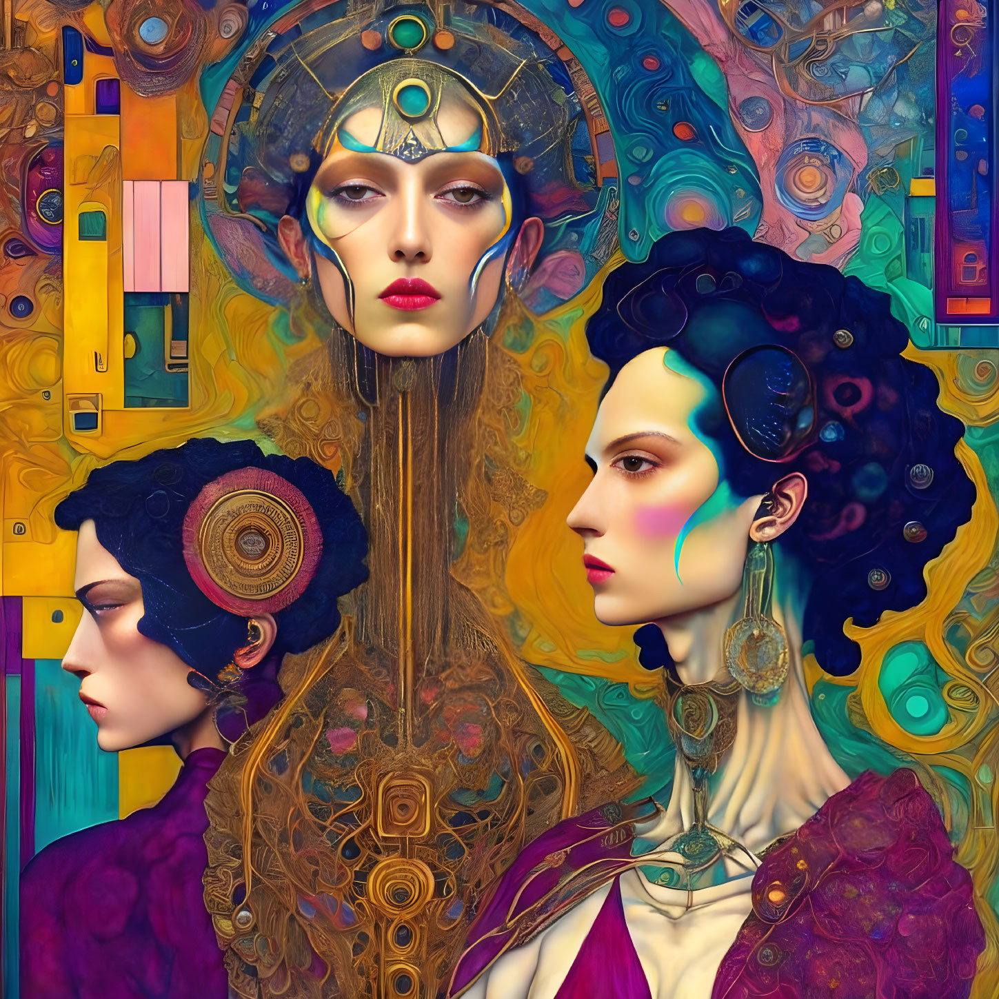 Colorful Artistic Female Figures with Elaborate Headpieces