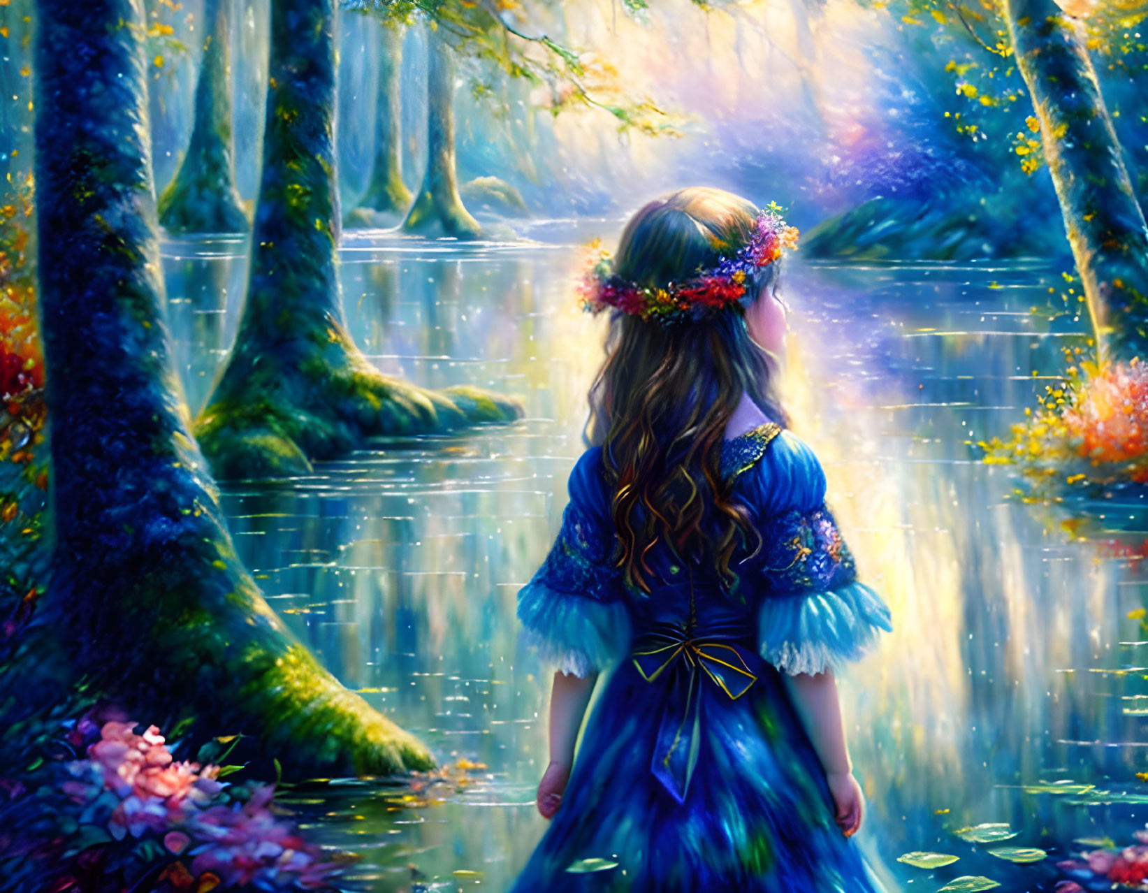 Girl in Blue Dress with Floral Wreath in Mystical Forest with Trees, Water, and Flowers