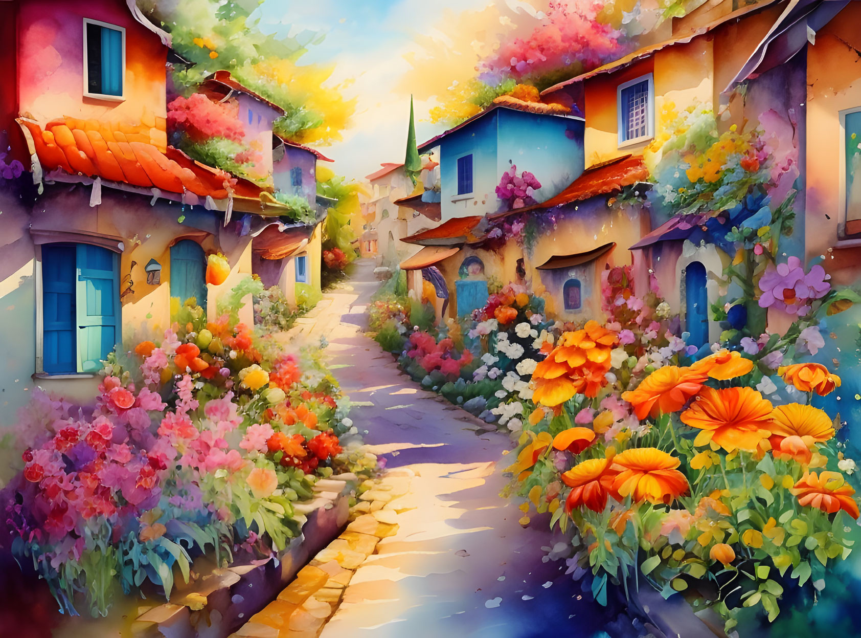 Colorful illustration: Quaint street with charming houses and lush flowers