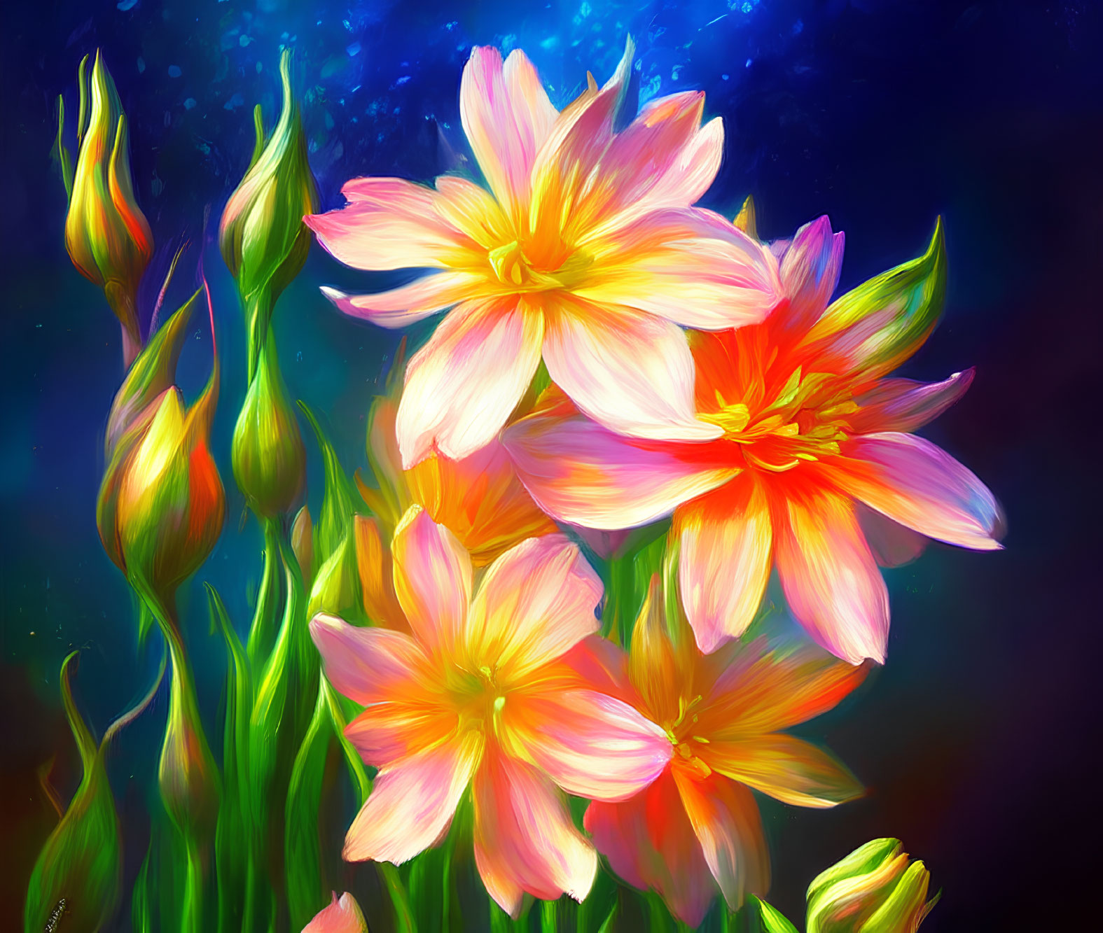 Colorful digital artwork: Blooming flowers against cosmic background