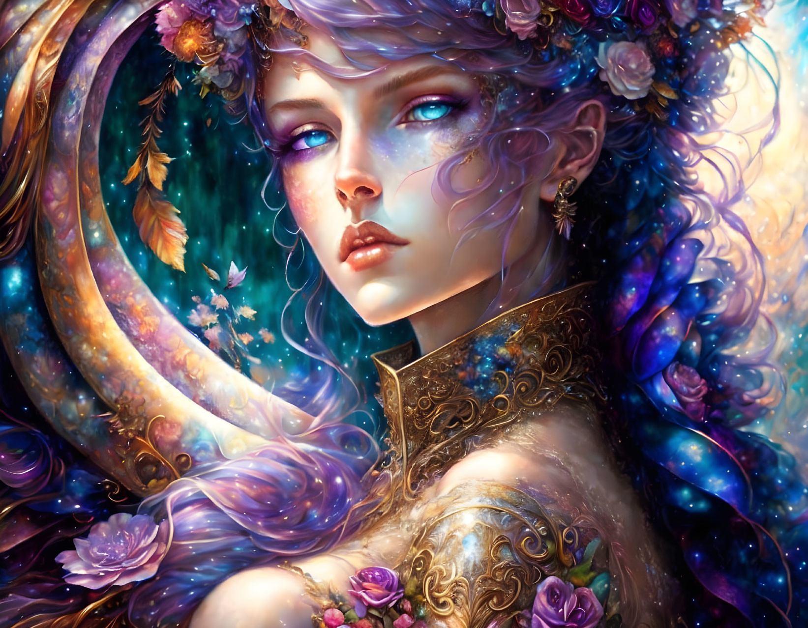 Fantasy Artwork: Woman with Floral Adornments and Cosmic Hair Swirl