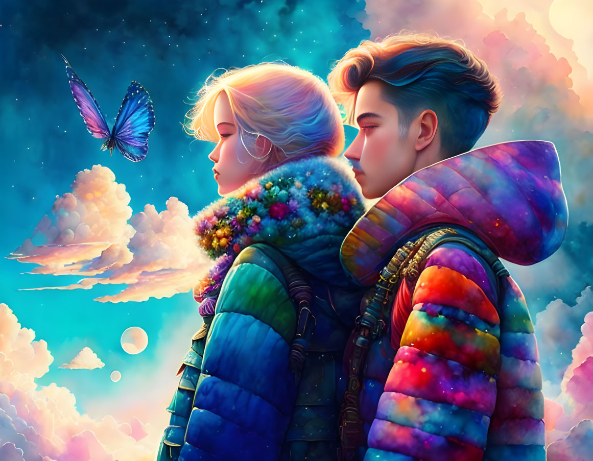 Colorful jacket characters gaze at vibrant sky with butterfly