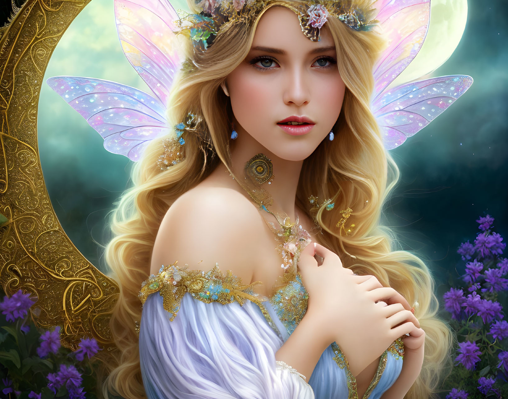 Fantasy illustration of a woman with butterfly wings and ornate jewelry