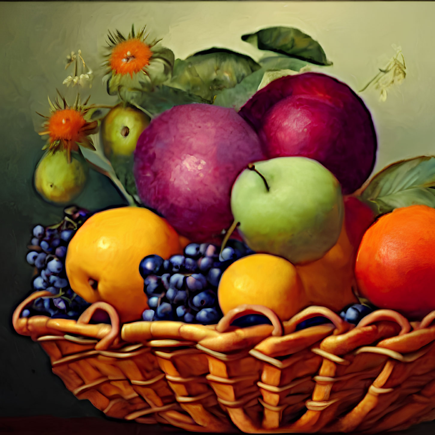 Classic Still Life Painting of Fruit Basket with Apples, Oranges, Grapes