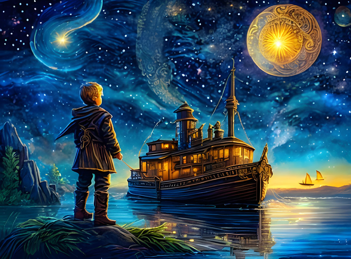 Boy on Lakeshore at Night Gazes at Illuminated Steamboat and Celestial Scene