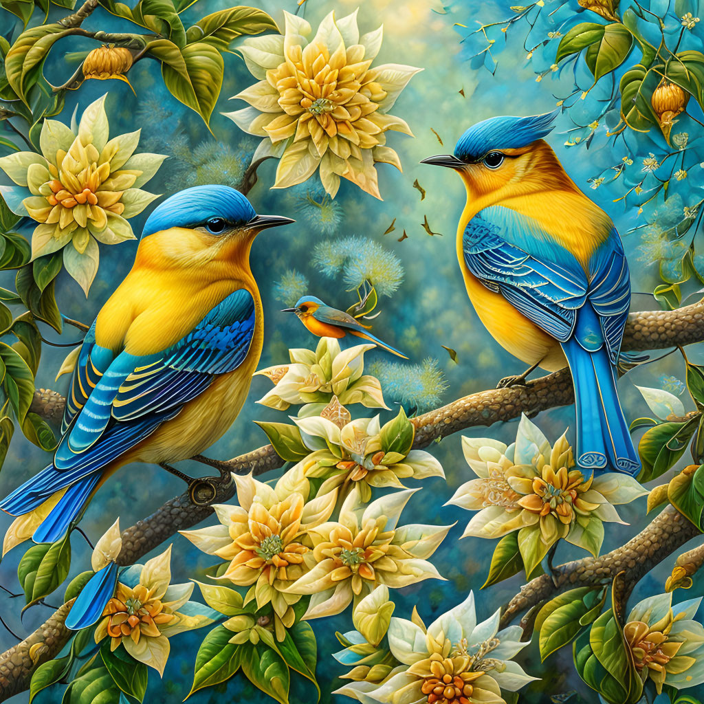 Colorful birds on branch with flowers and insect in vibrant illustration