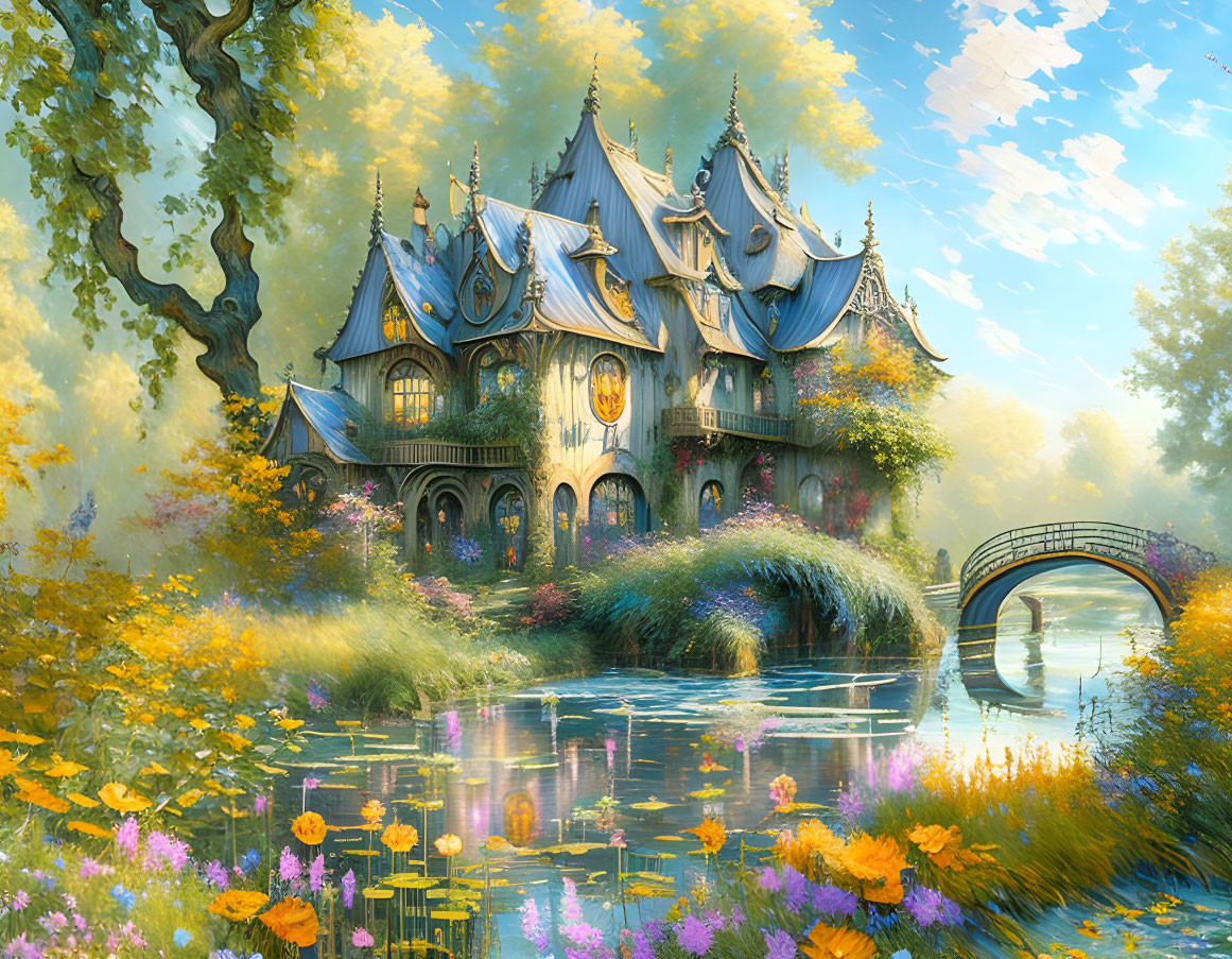 Fantasy-style manor with gardens, river, bridge, and sunlit trees.