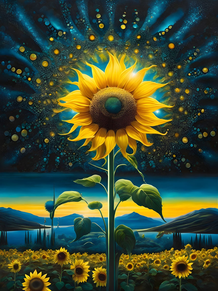 Colorful sunflower painting against starry night sky and luminous horizon