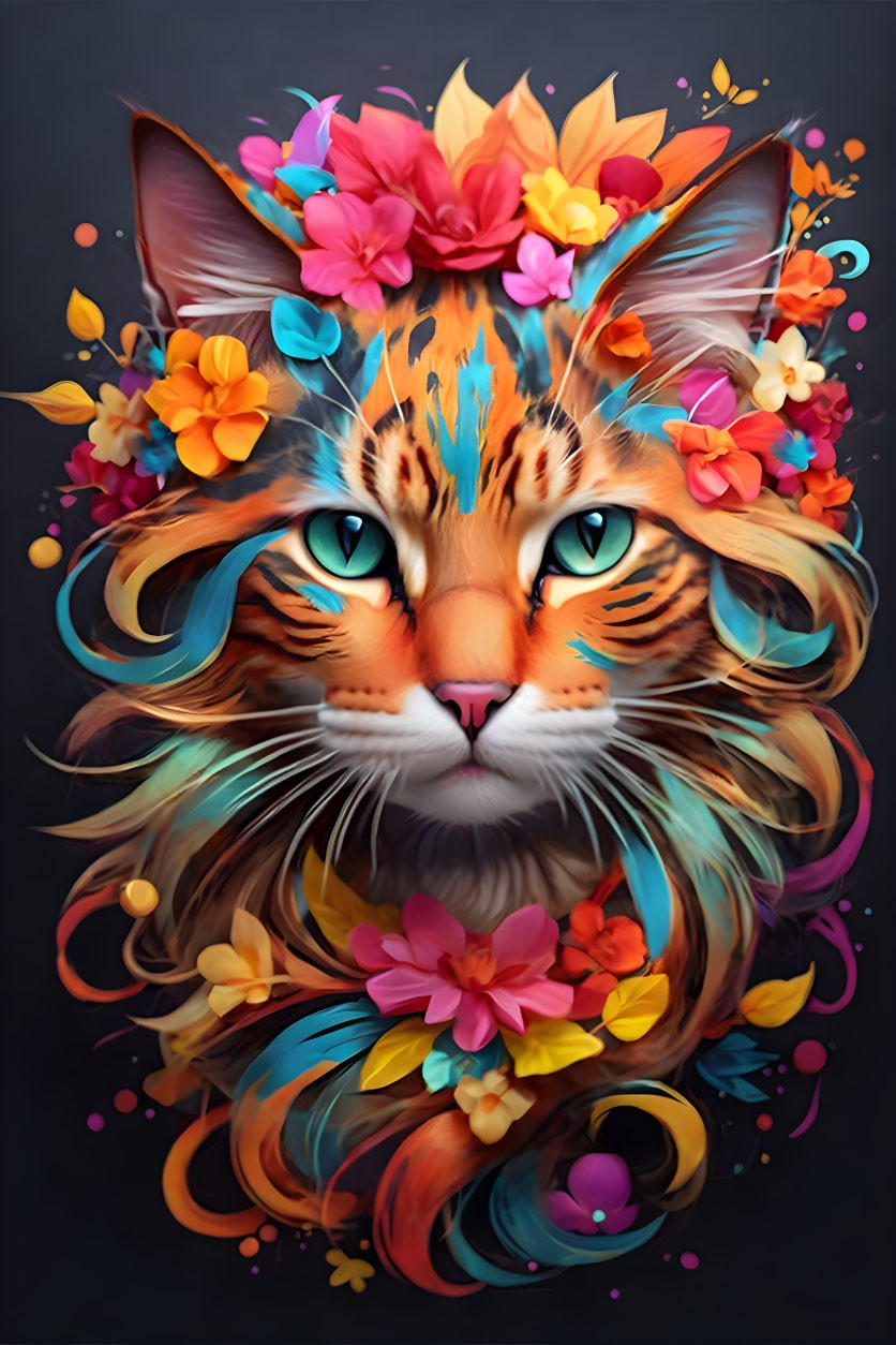 Colorful digital artwork: Cat with floral mane, orange stripes, blue accents on dark background