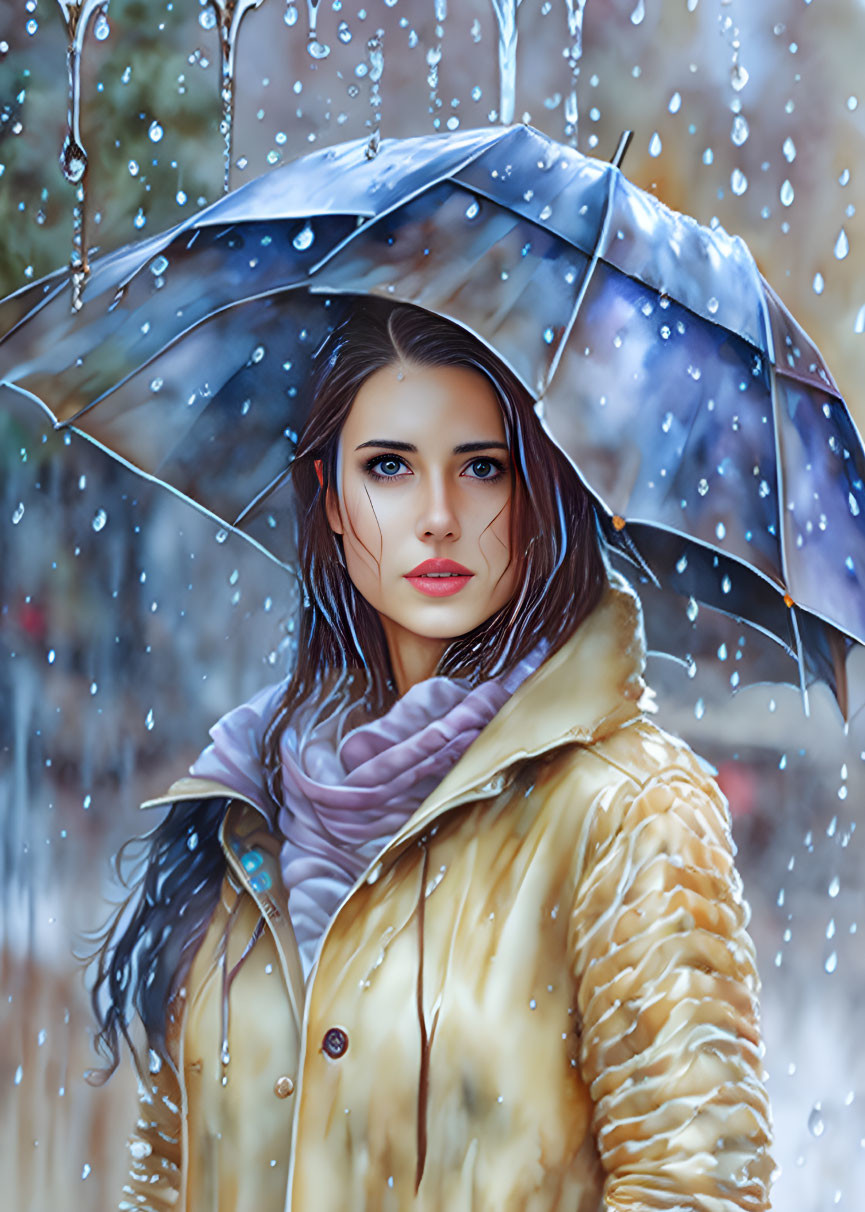 Woman with Dark Hair in Yellow Jacket and Purple Scarf Under Clear Umbrella in Rainfall