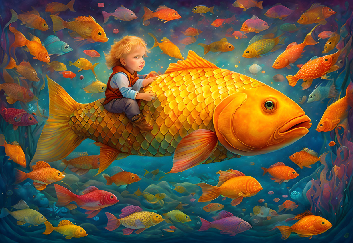 Child riding giant goldfish in vibrant underwater scene