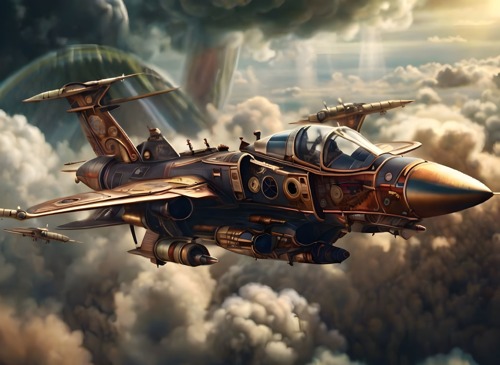 Detailed Fighter Jet Illustration: High Altitude Flight with Clouds & Trailing Smoke