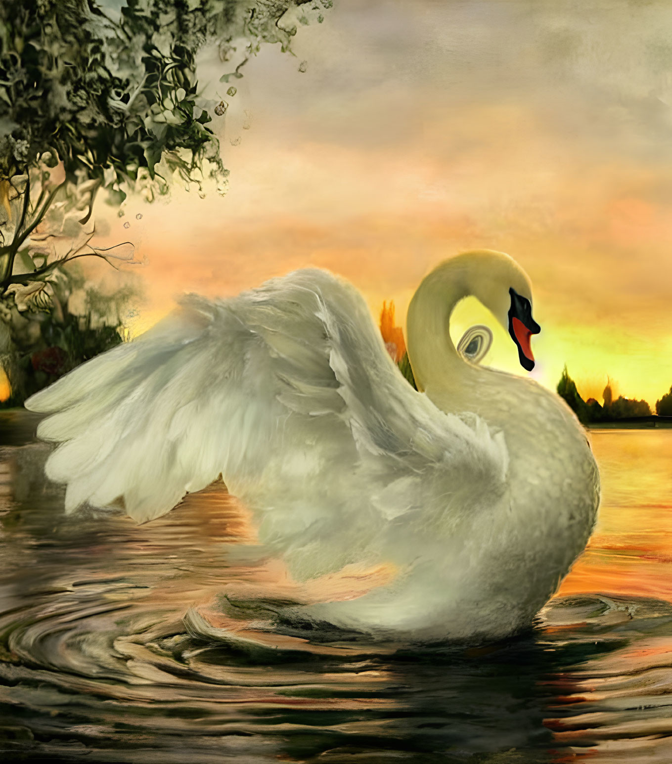 Majestic swan flapping wings on tranquil water at twilight