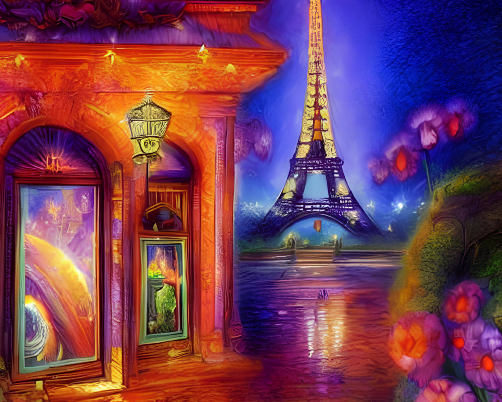 Colorful Artwork of Eiffel Tower at Night with Reflective Building