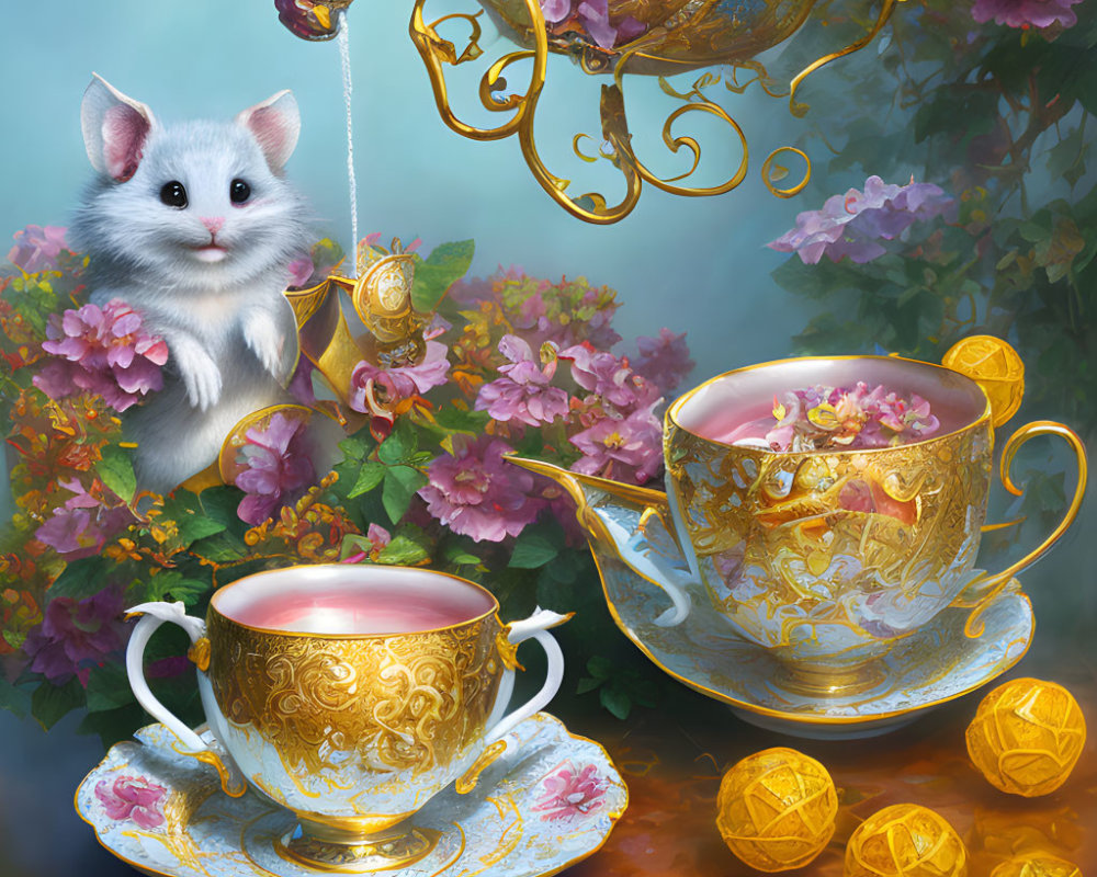 Fluffy white mouse pouring tea from golden teapot in whimsical illustration