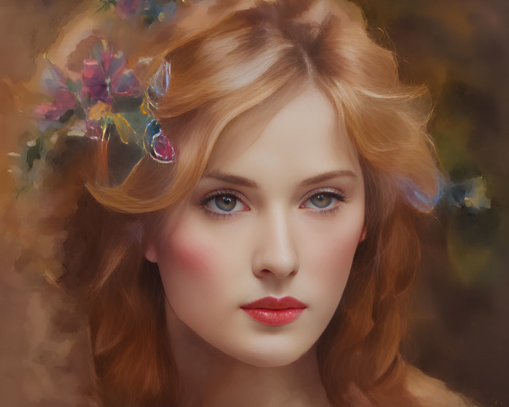 Digital portrait of woman with auburn hair and intense gaze, adorned with floral accents on warm background