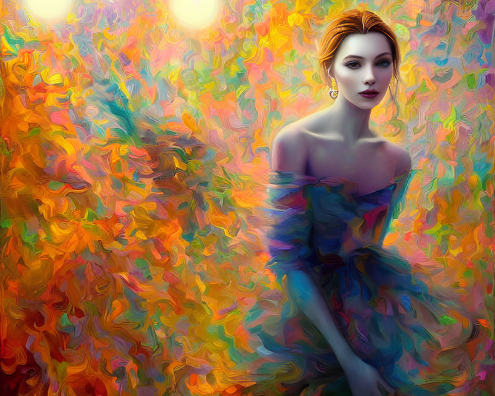 Elegant Woman Surrounded by Vivid Swirling Colors