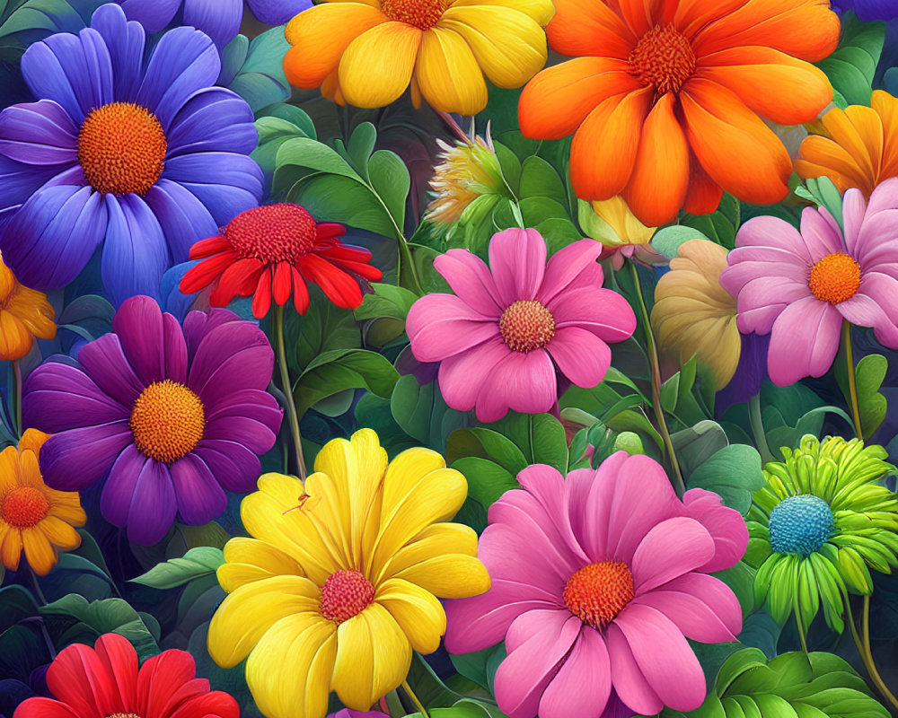 Colorful Array of Purple, Yellow, Orange, Red, and Pink Flowers with Lush Green Leaves