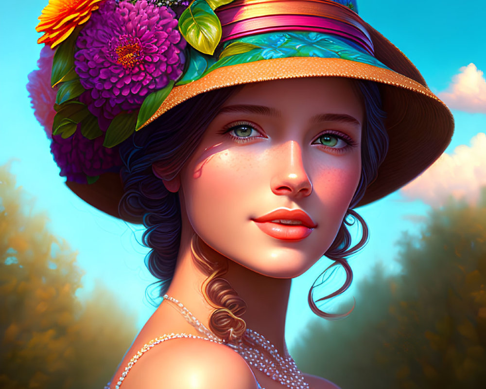 Colorful digital artwork of a woman in a floral hat and blue dress with blue eyes, set in