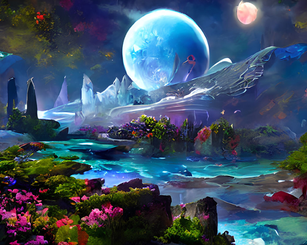 Colorful Fantasy Landscape with River, Flora, Moon, and Mountains