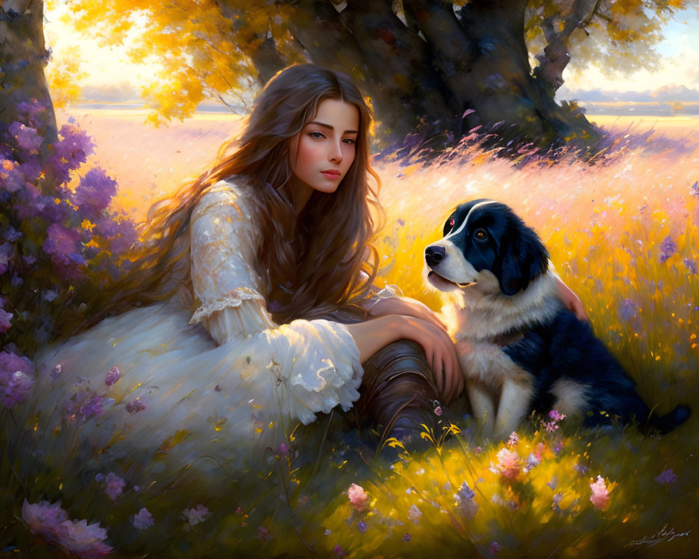 Woman in White Dress with Black and White Dog Among Purple Flowers