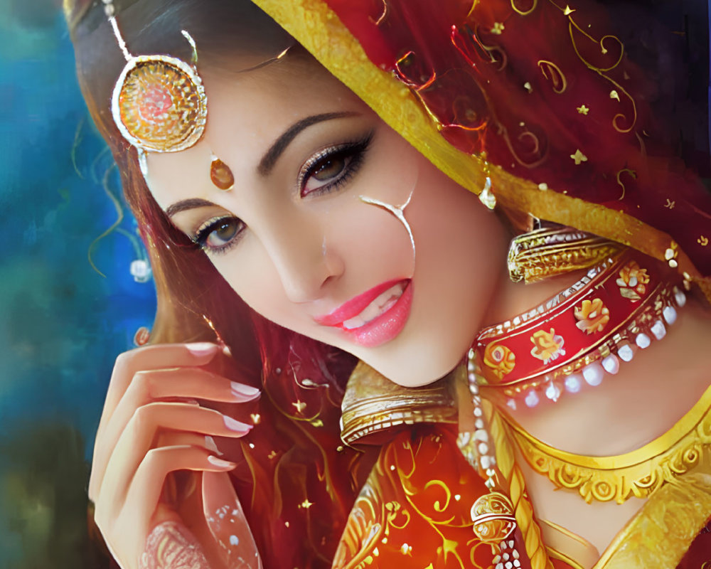 Traditional South Asian Bridal Attire with Henna Designs and Gold Jewelry