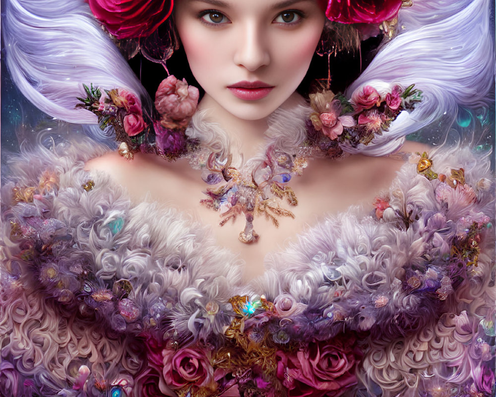 Porcelain-skinned woman surrounded by lush flowers and intricate jewelry