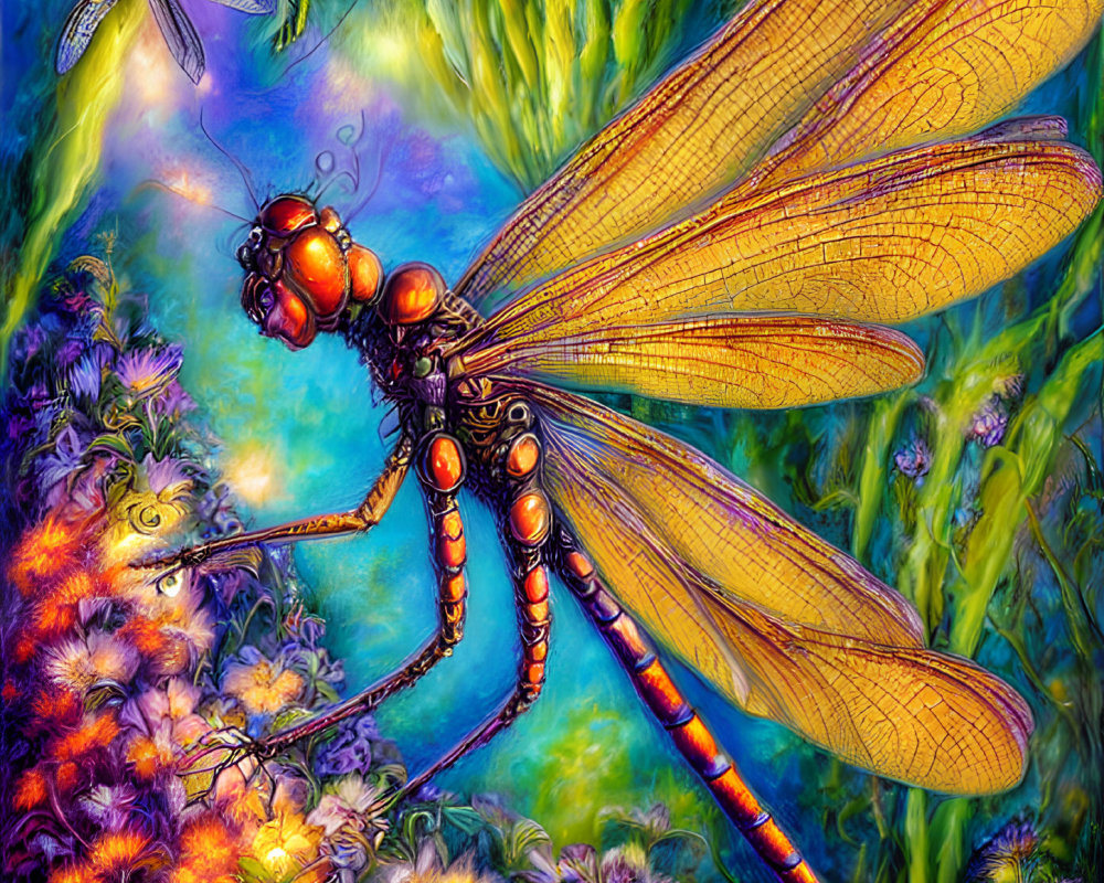 Colorful Dragonfly Illustration on Flora with Fantasy Background