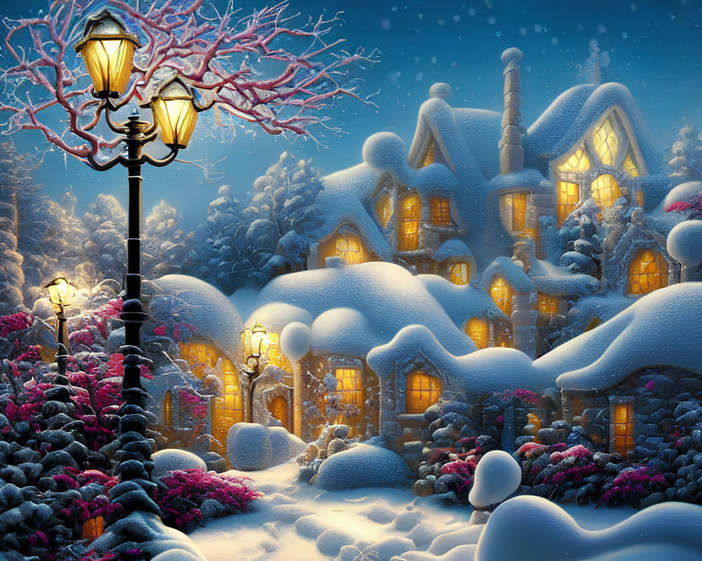 Snow-covered cottage with glowing windows amidst snowy trees and lit lamppost.