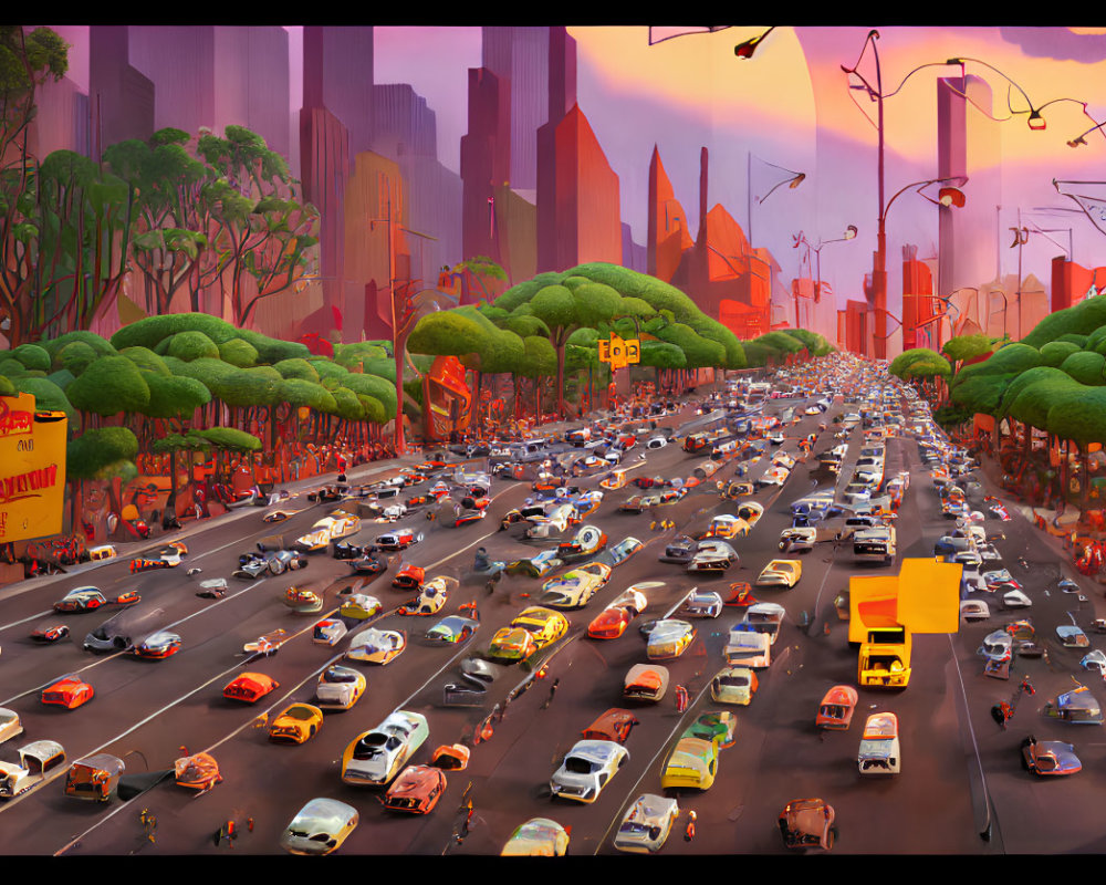 Vibrant sunset cityscape with traffic, colorful cars, oversized trees, and billboards