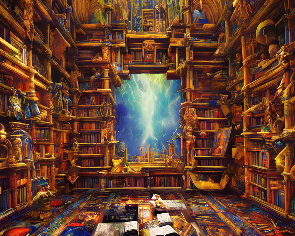 Fantastical library with towering bookshelves and mystical cityscape view