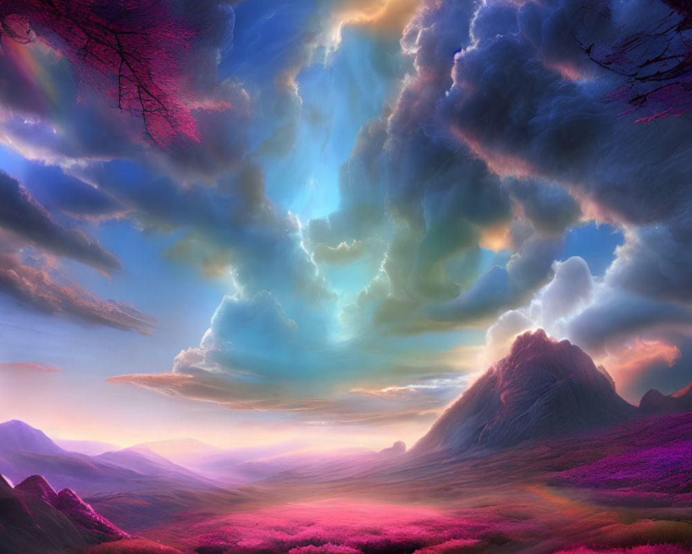 Colorful digital landscape with purple flora, majestic mountains, and swirling sky.