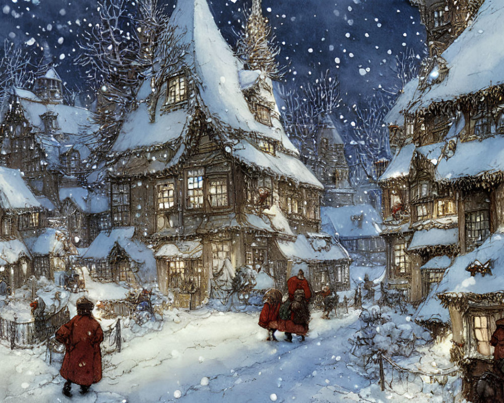 Snowy village night scene with half-timbered houses, warm lights, people in cloaks