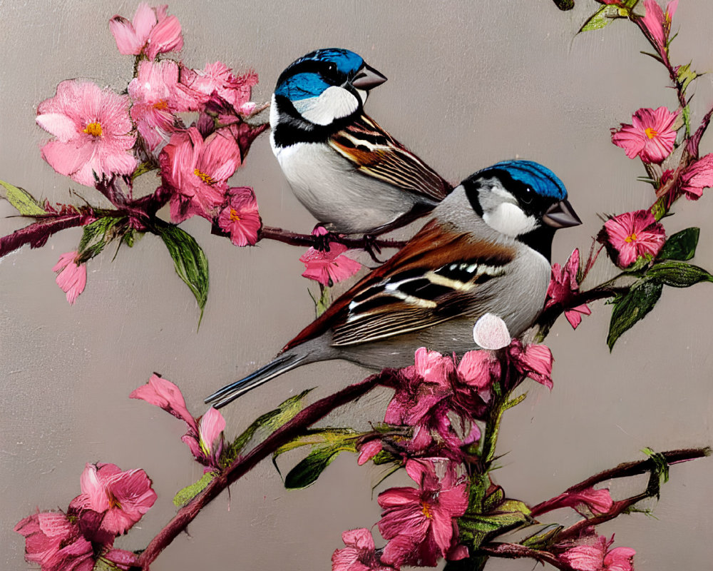 Vibrant blue-capped birds with white cheeks on pink blossom branches