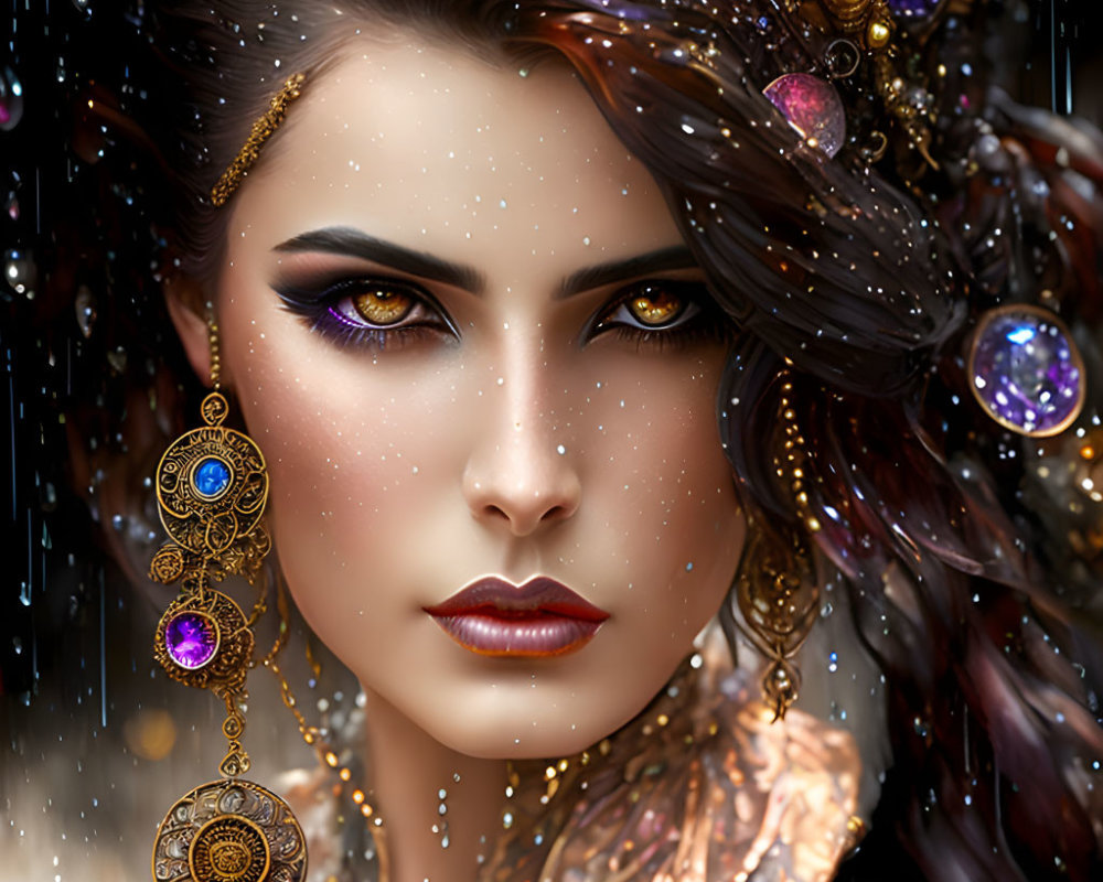 Vibrant makeup and sparkling jewelry on woman in mystical digital portrait