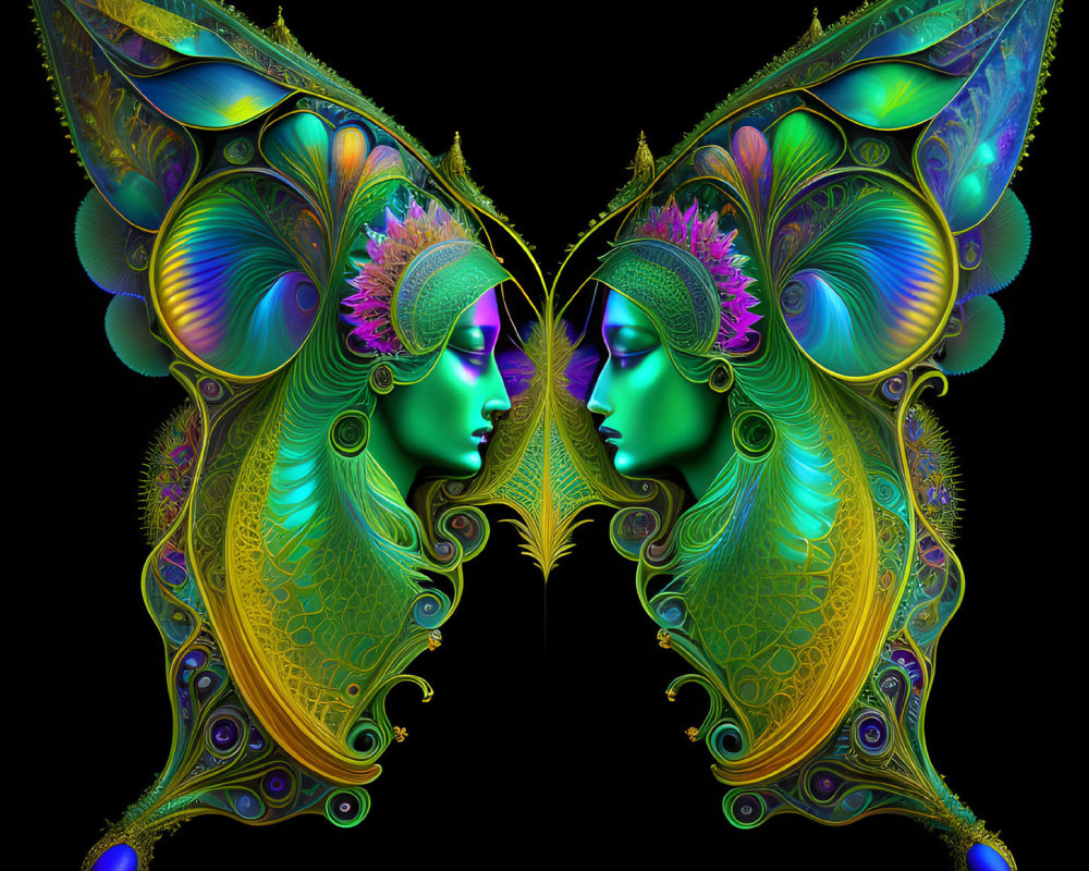 Symmetrical fantasy figures with butterfly wing-like extensions in colorful digital art