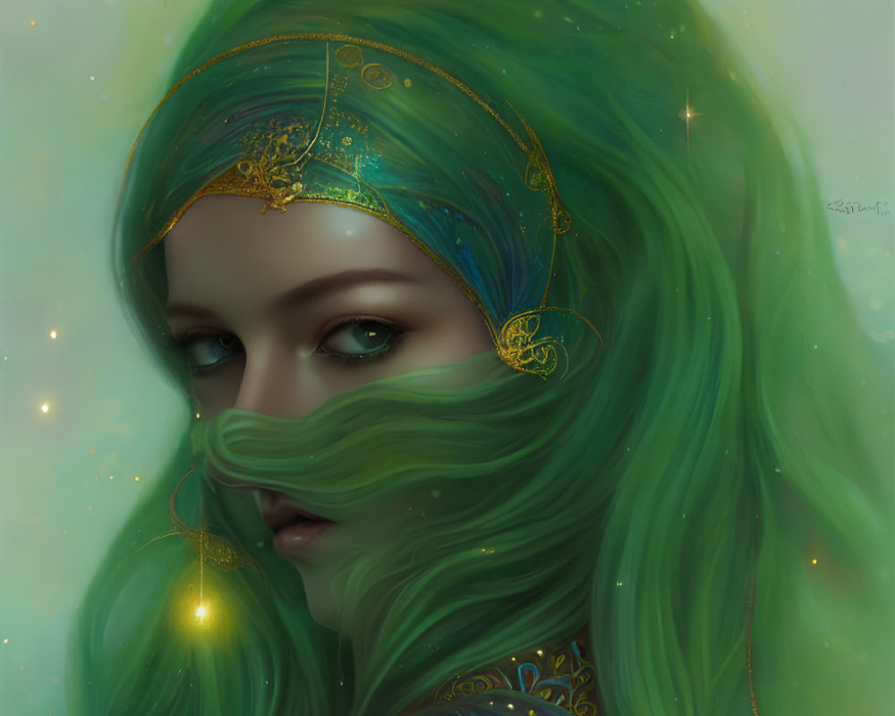 Ethereal portrait of a woman with swirling green hair and golden jewelry