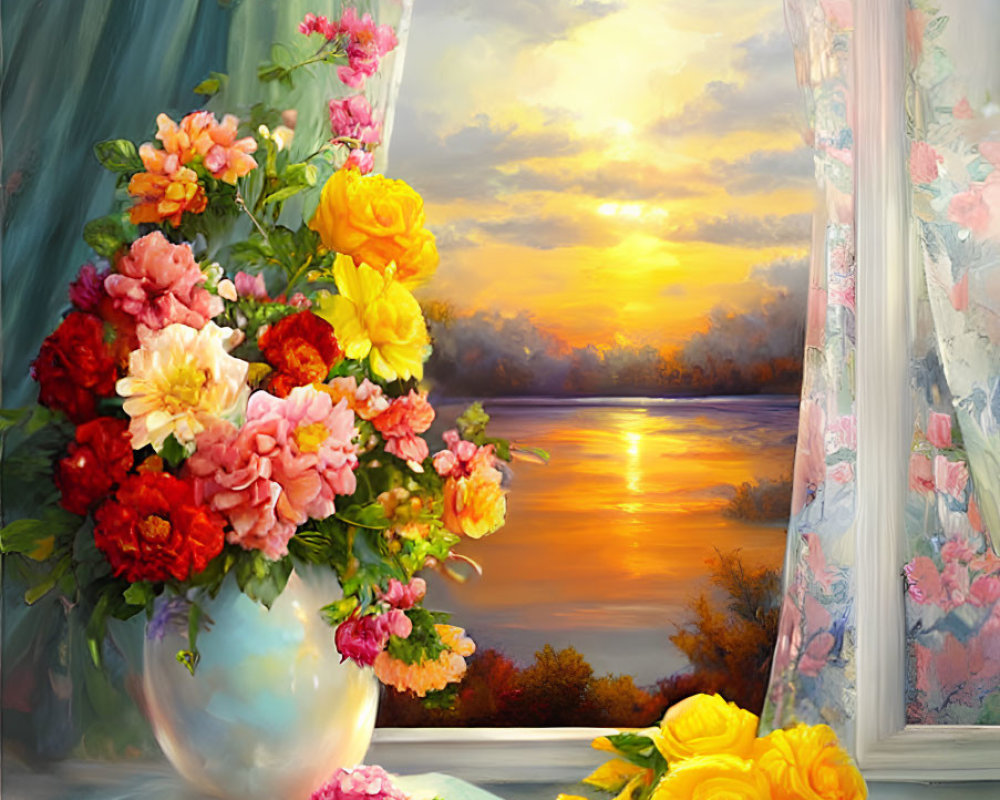 Colorful sunset painting with flowers in window view