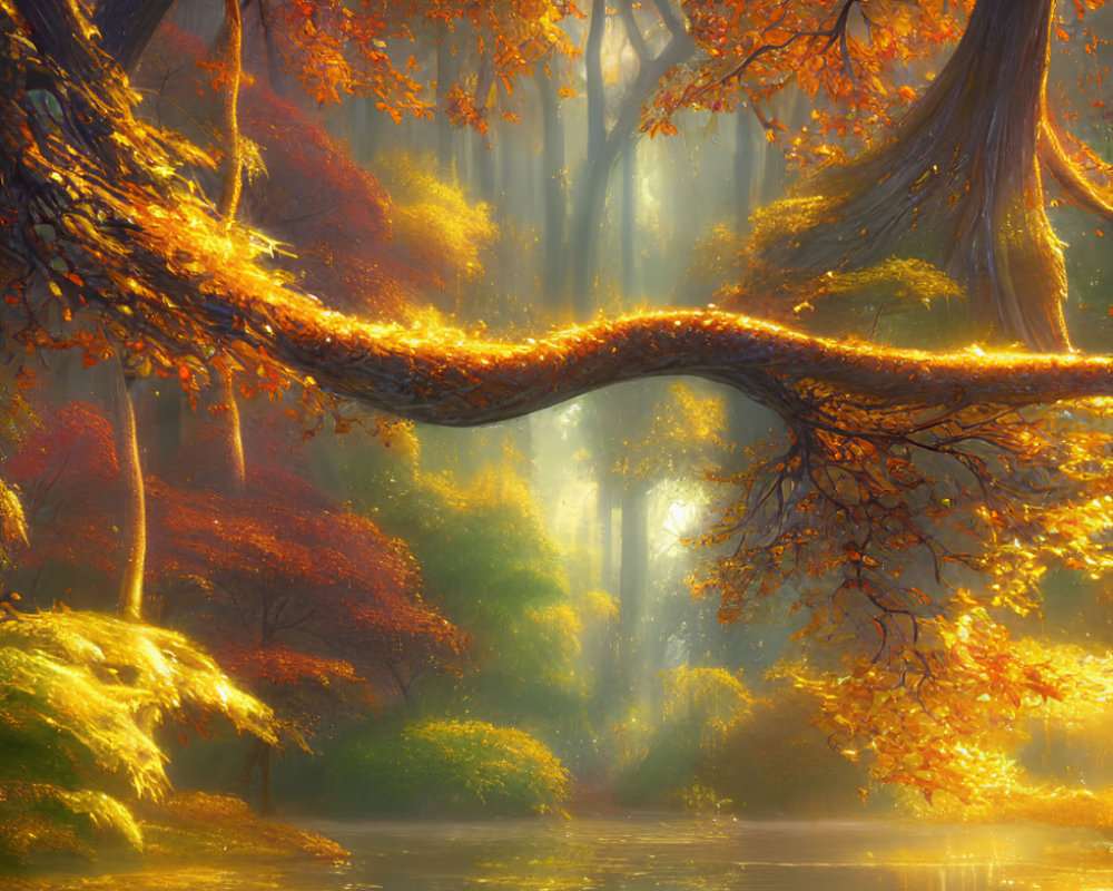 Autumn forest scene with golden sunlight and colorful leaves