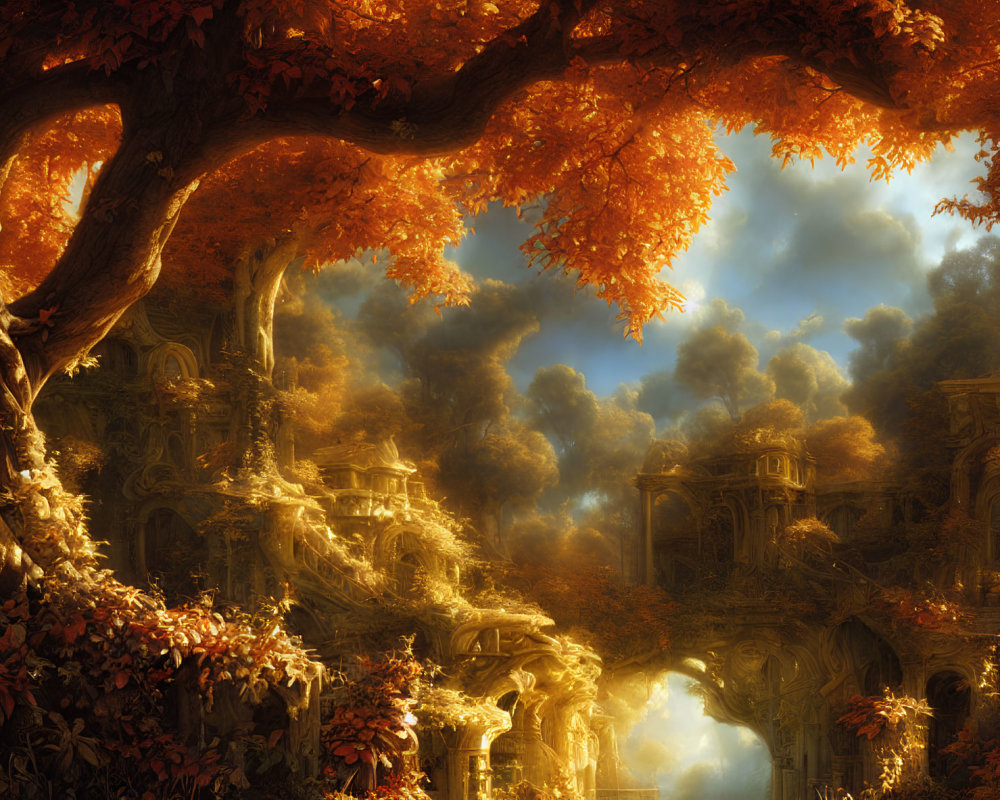 Golden autumn forest and ancient overgrown ruins in warm light