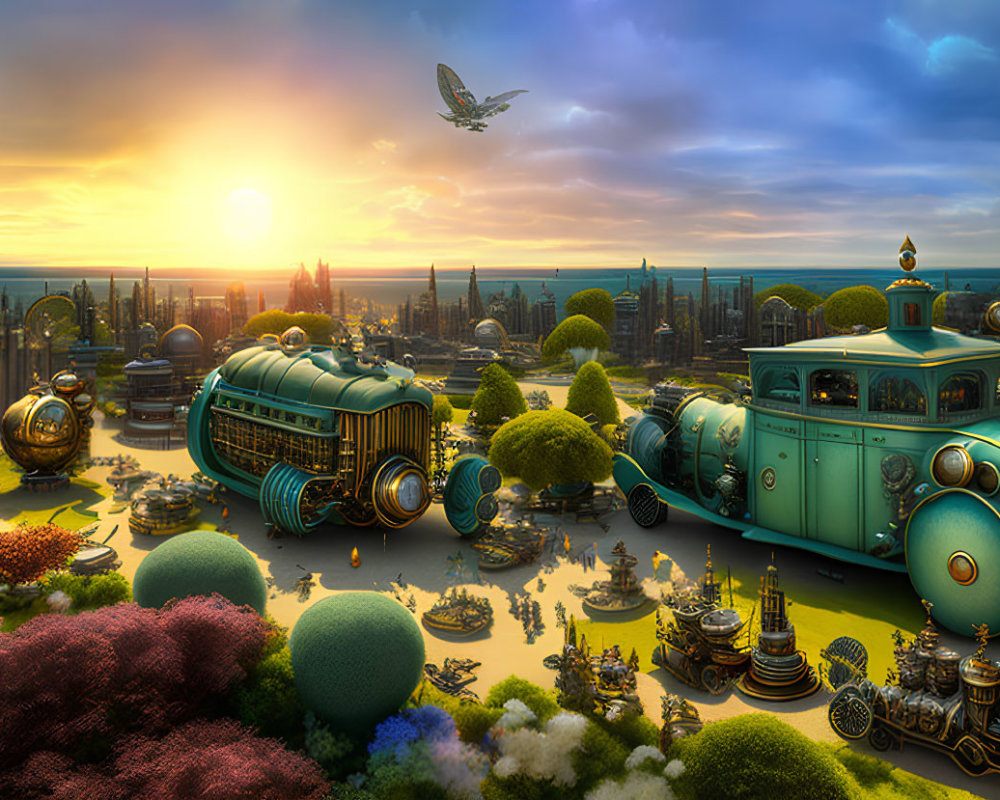 Fantastical landscape with ornate buildings and airship in sunset sky