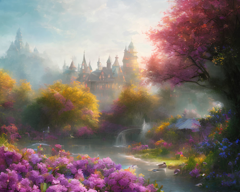 Colorful Fantasy Landscape with Castle, Blooming Trees, Pond, and Ethereal Light