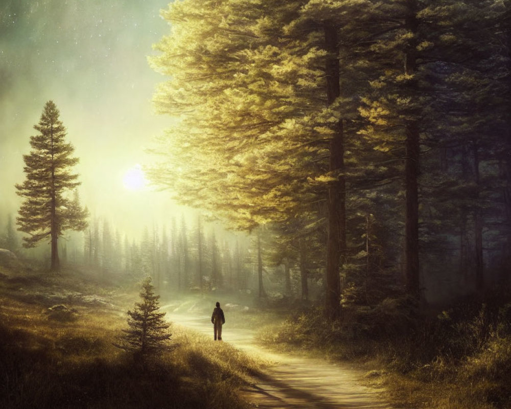 Person walking on forest path under towering trees with sunlight rays piercing misty air