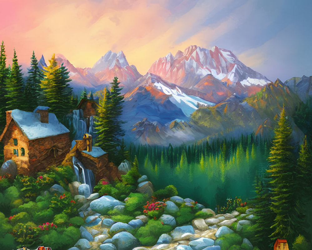 Scenic landscape painting: stone cottage, waterfall, pine forests, mountains at sunset