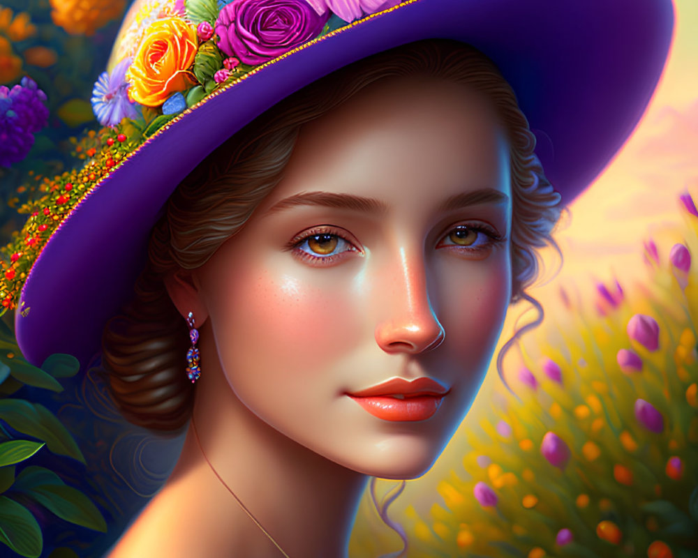 Woman portrait with floral hat against serene backdrop