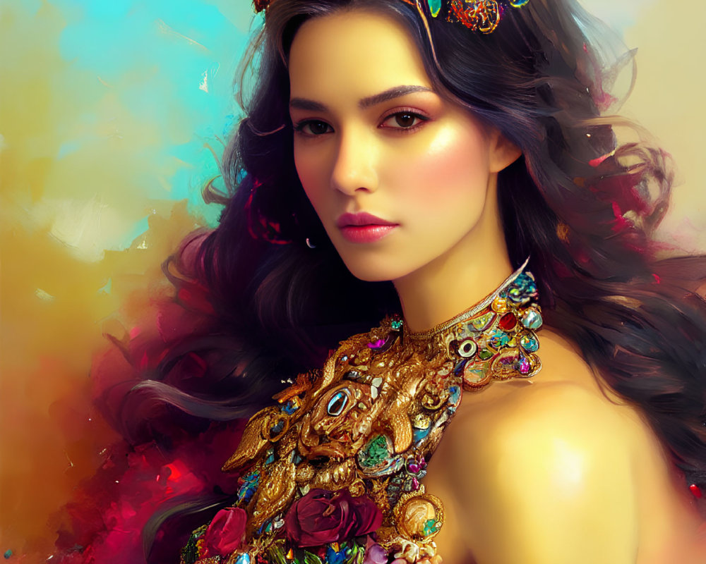 Woman's portrait with dark hair, jeweled crown & collar on pastel background