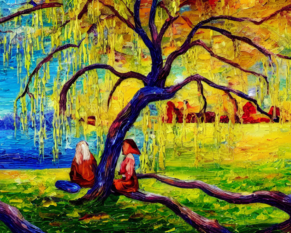 Colorful oil painting of two figures under twisted tree with dripping foliage and lake view